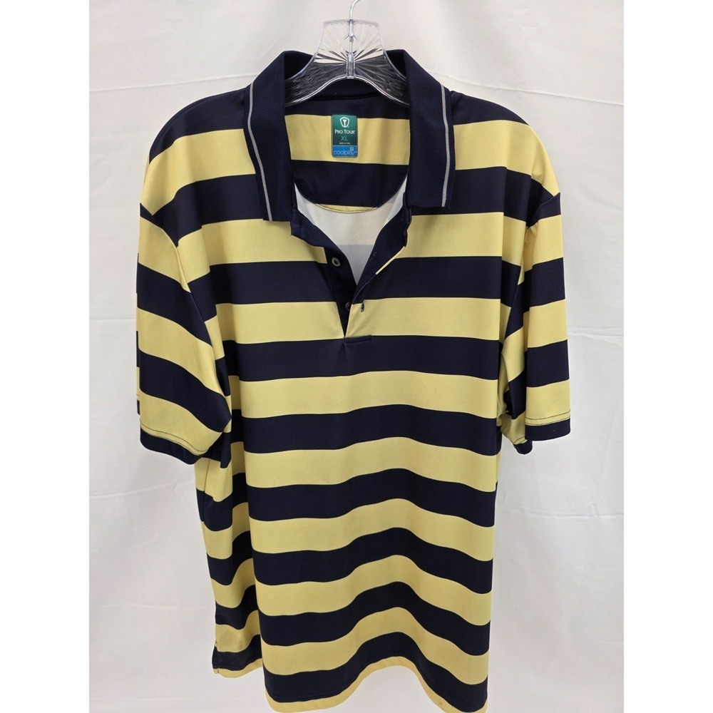 Pro Tour Coolplay Mens XL Polo Shirt Navy Blue Yellow Striped Golf‎ Performance